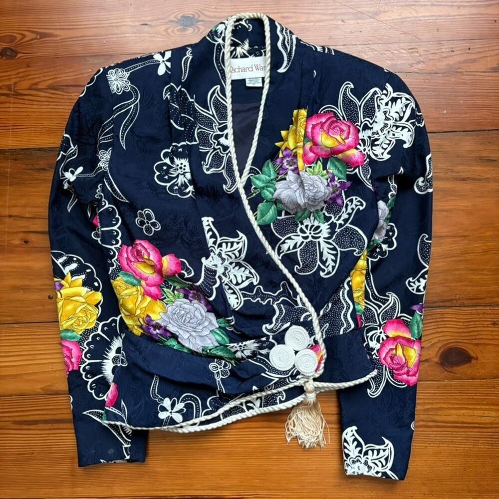 Vintage Richard Warren Silk Jacket Blazer Women's Size 4 Blue Floral